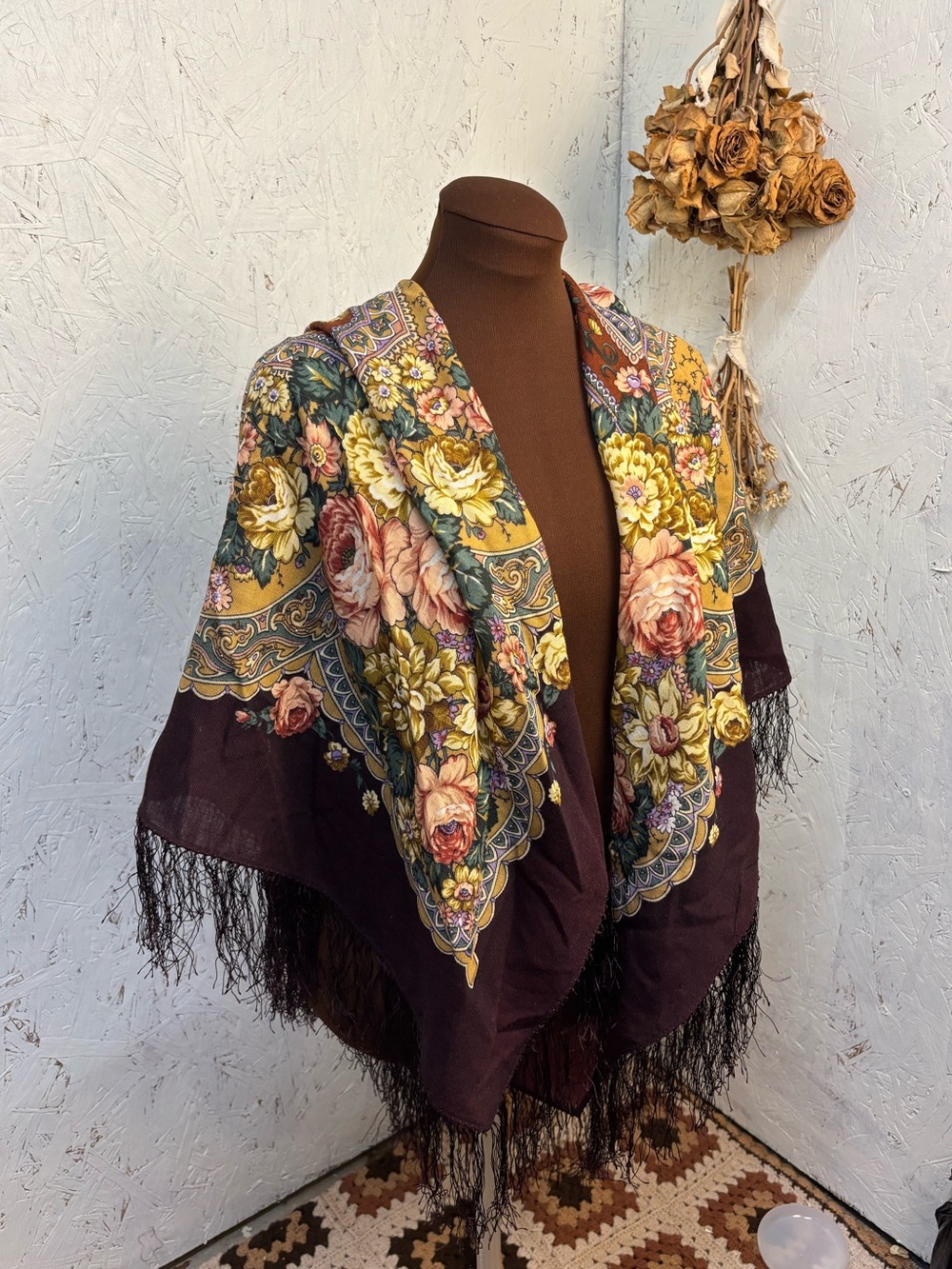 Vintage Huge Floral Fringe Brown Pink Scarf Shawl